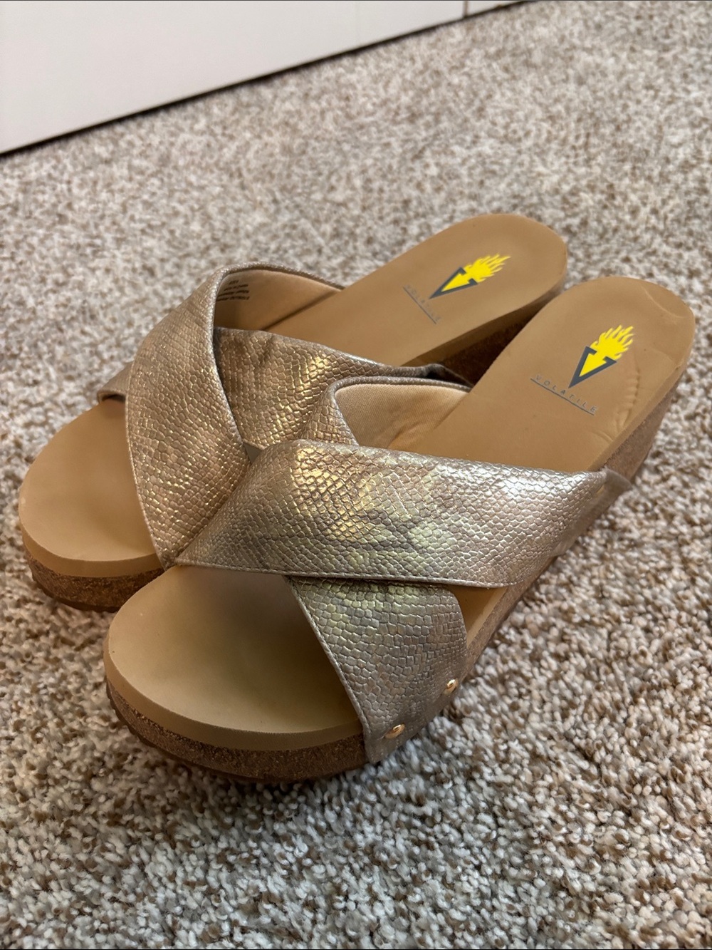 Volatile Metallic Gold Crisscross Platform Mules